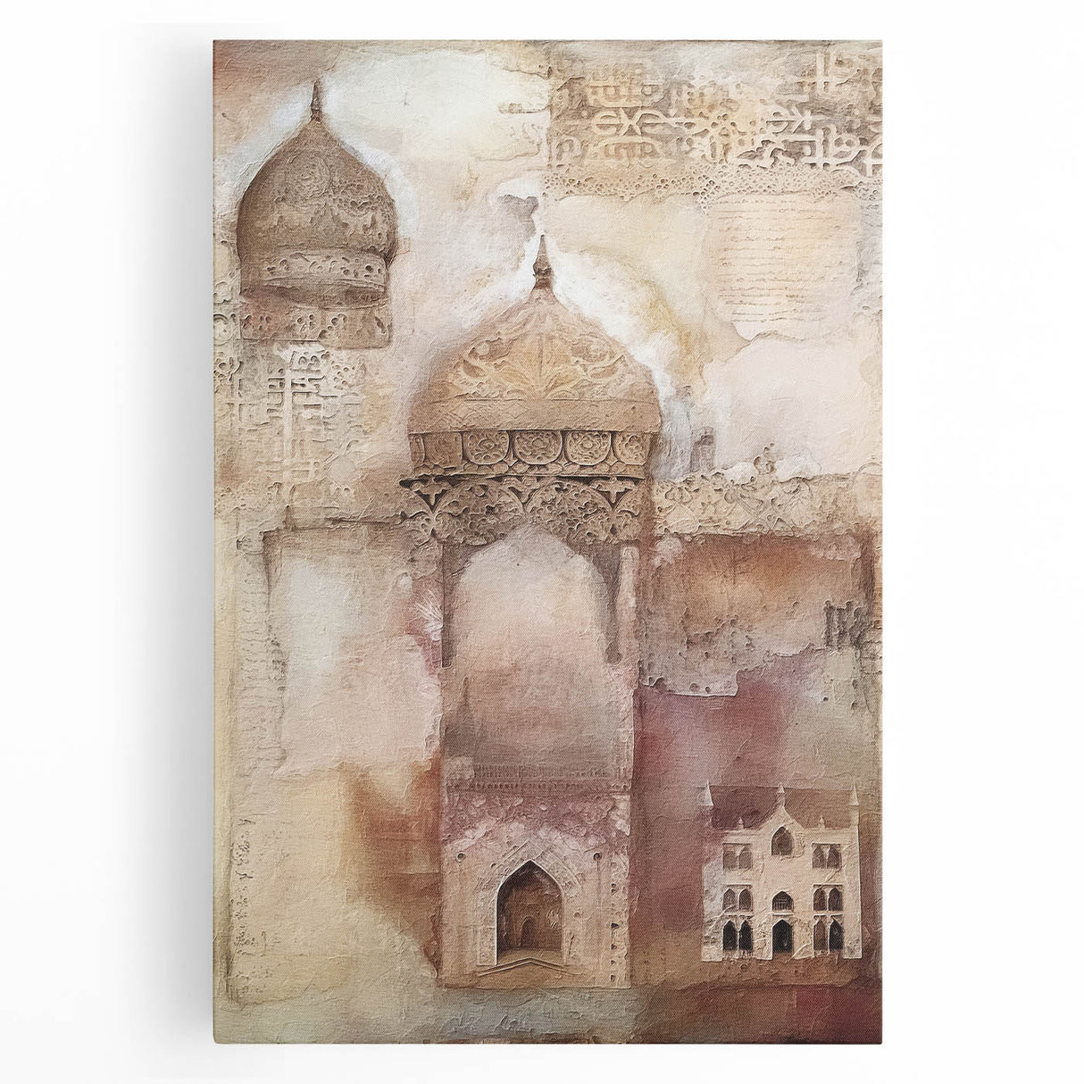 Abstract architectural wall art on stretched canvas, showcasing geometric shapes in vibrant colors, perfect for modern home decor. Ideal for enhancing living spaces.