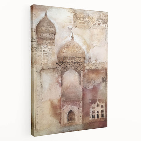 Abstract architectural wall art on stretched canvas, showcasing a modern design with vibrant colors and dynamic shapes, ideal for contemporary home decor.