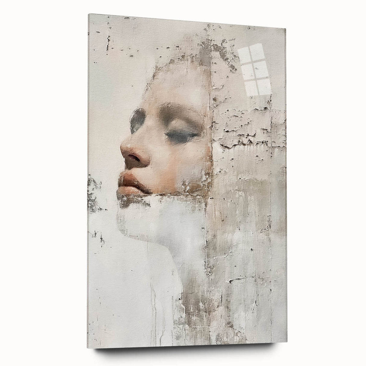 Abstract figurative wall art displayed in a side view, featuring vibrant colors and unique shapes, crafted from acrylic glass for a modern aesthetic.