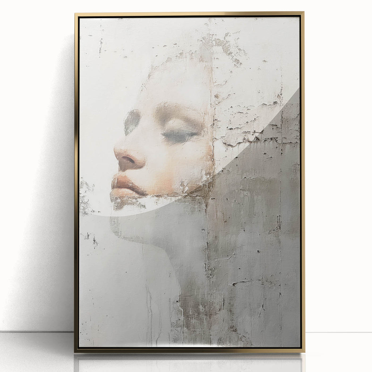 Abstract figurative wall art featuring elegant gold accents, framed in acrylic, showcasing a modern design that enhances contemporary decor aesthetics.