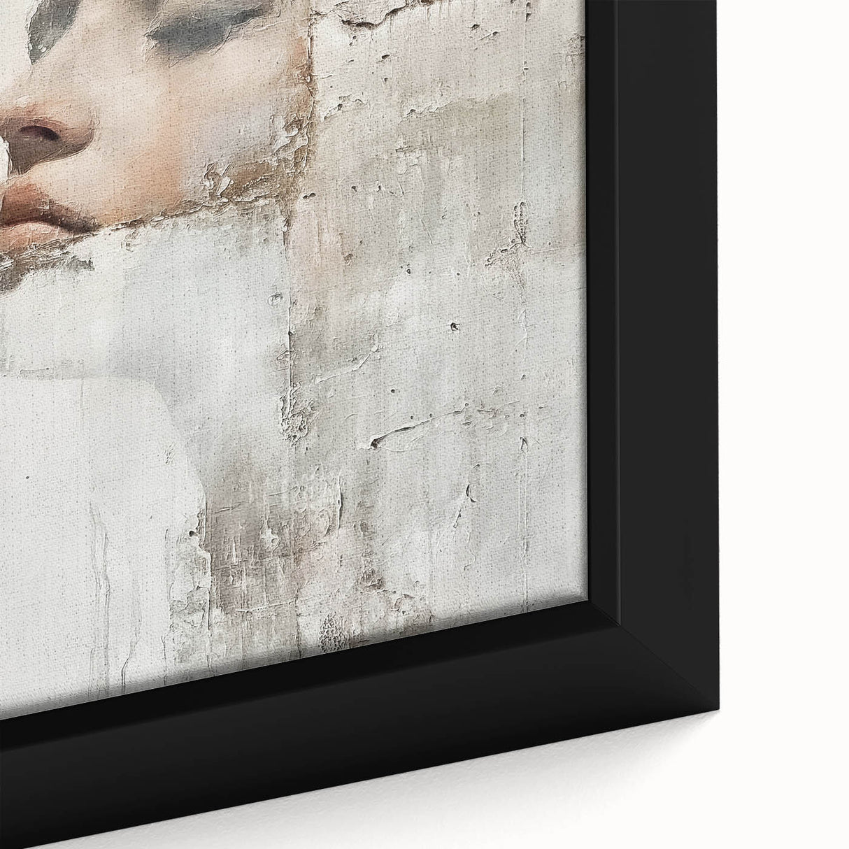 Close-up of abstract figurative wall art featuring vibrant colors and intricate details on a framed canvas, perfect for modern home décor.