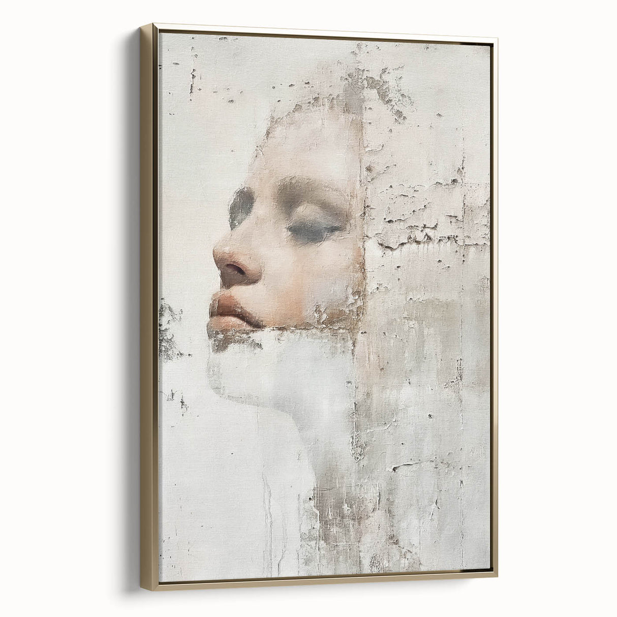 Framed abstract figurative wall art in gold tones, showcasing a modern design with intricate details and a sleek profile, ideal for contemporary decor.