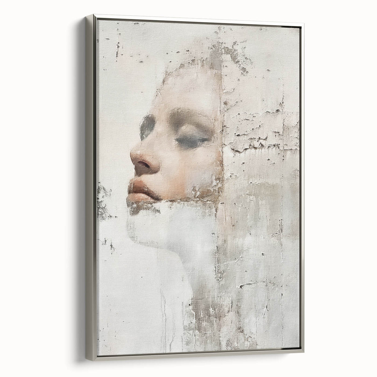 Framed abstract figurative wall art in silver, showcasing dynamic shapes and textures, adding a modern touch to home decor. Ideal for contemporary interiors.