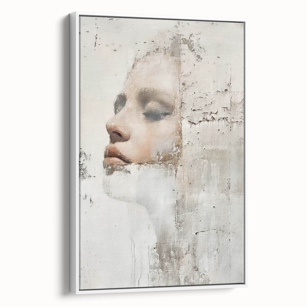 Framed abstract figurative wall art in white tones, showcasing flowing shapes and textures, ideal for contemporary home decor, viewed from the side.