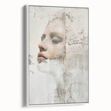 Framed abstract figurative wall art in white tones, showcasing flowing shapes and textures, ideal for contemporary home decor, viewed from the side.