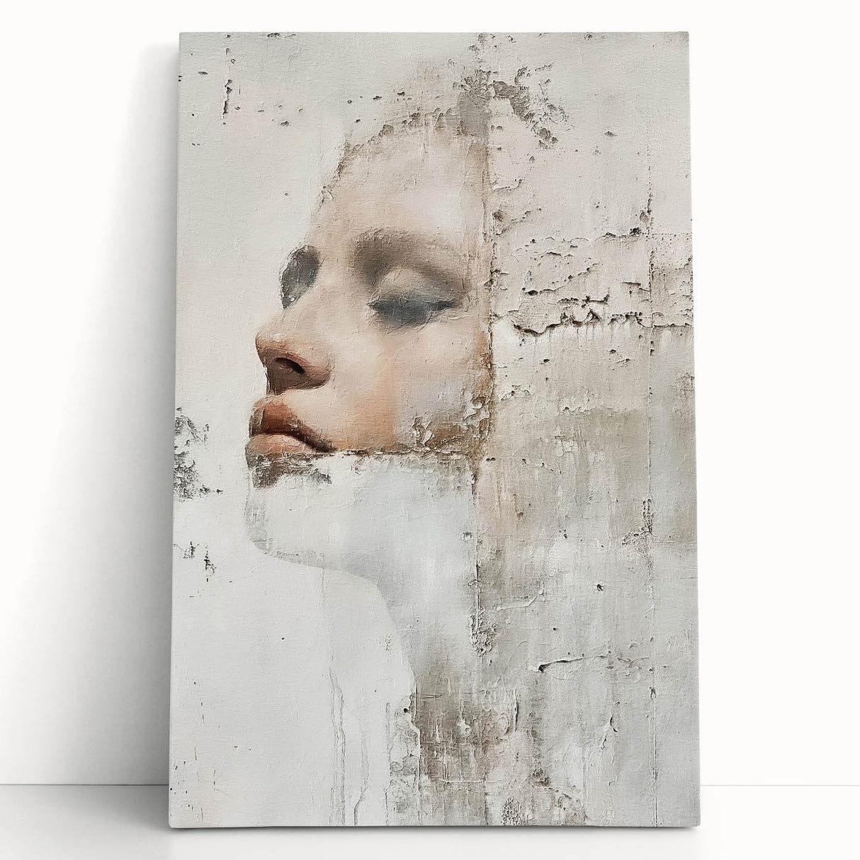 Abstract figurative wall art on stretched canvas, showcasing vibrant colors and dynamic shapes, leaning against a neutral wall, perfect for modern decor.