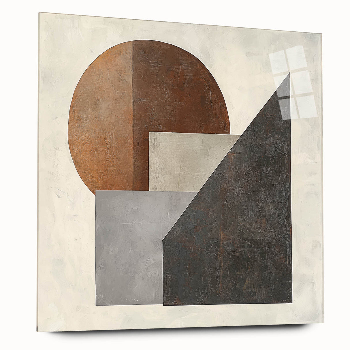 Abstract geometric acrylic glass artwork showcasing vibrant colors and intricate shapes, displayed in a side view to highlight its modern design and glossy finish. Perfect for contemporary decor enthusiasts seeking unique wall art.