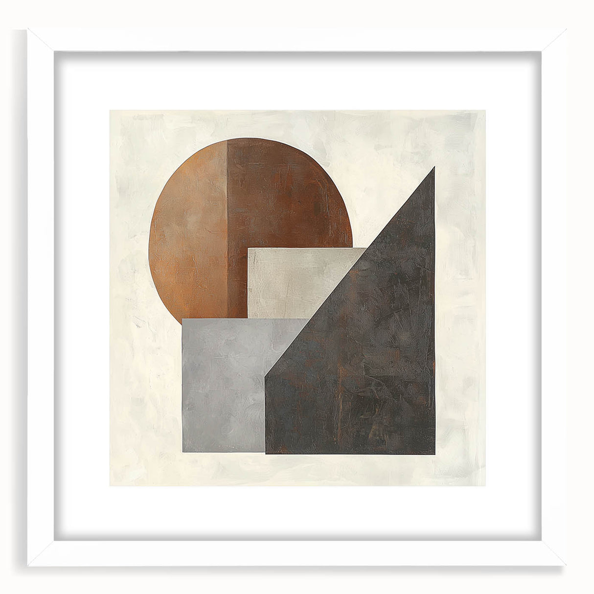 Abstract geometric frame with a white mat, showcasing a modern art piece featuring bold shapes and colors, ideal for contemporary home decor.