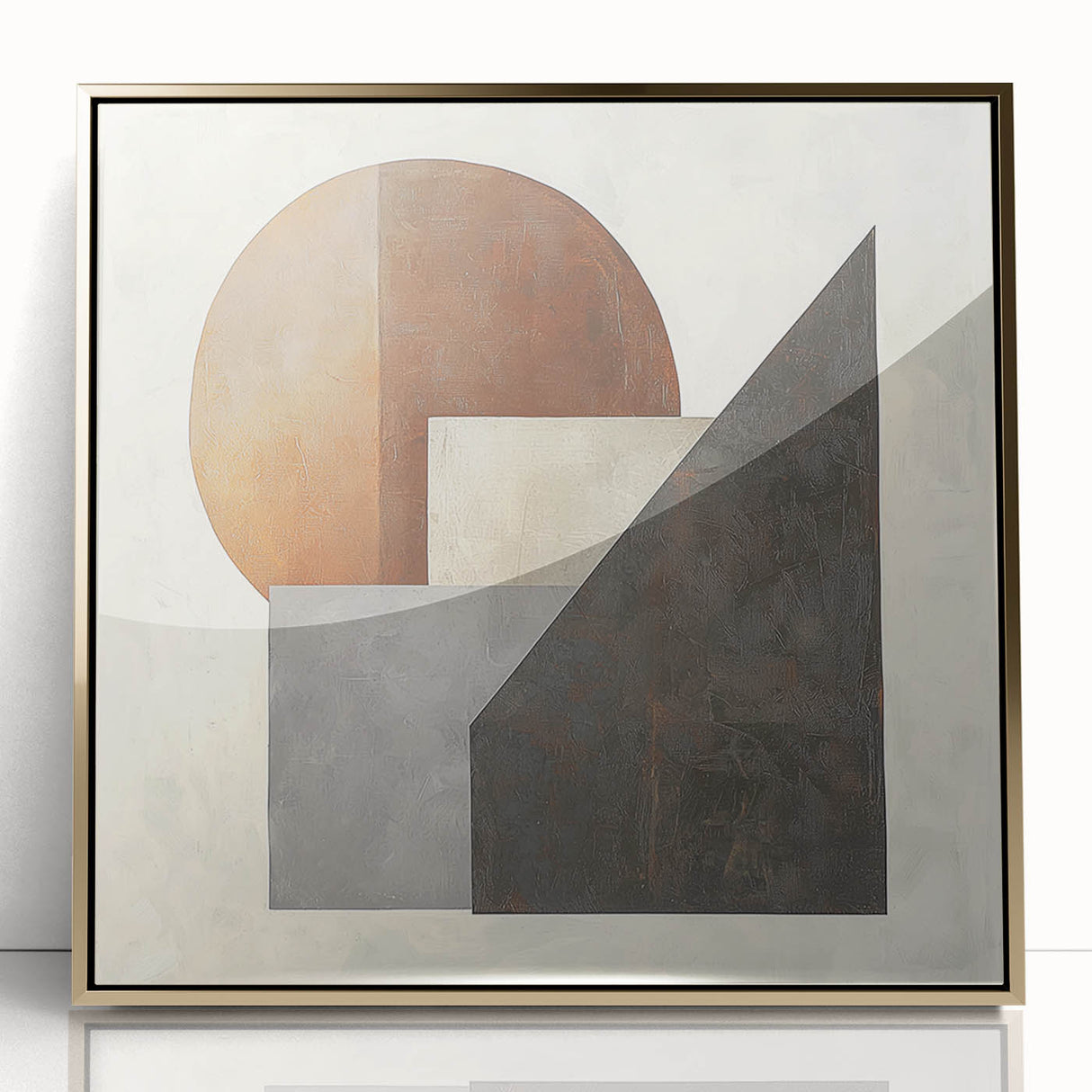 Abstract geometric artwork framed in gold acrylic, showcasing a modern design with vibrant colors and sharp lines, ideal for contemporary home decor.