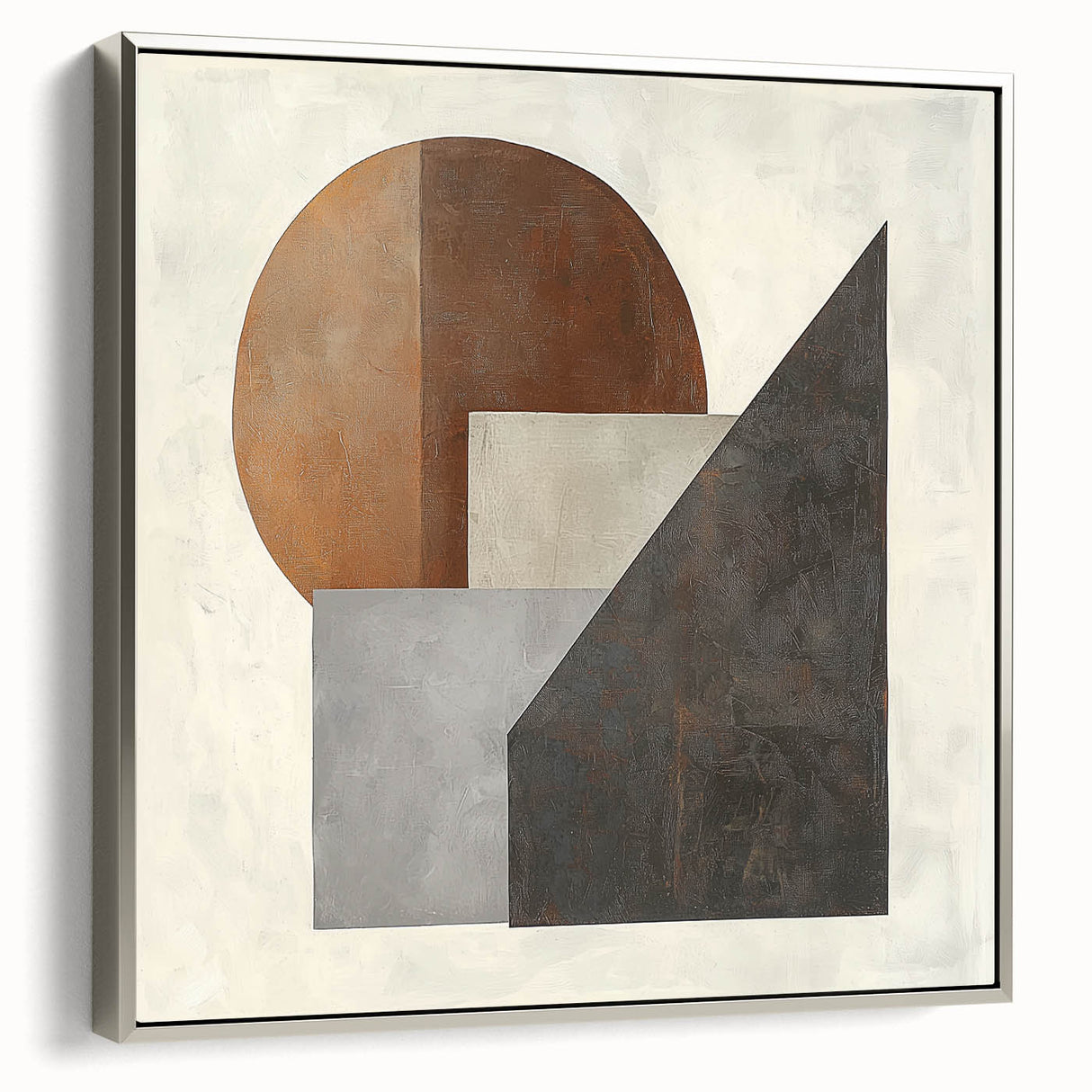 Abstract geometric framed canvas artwork in silver, showcasing intricate patterns and textures, perfect for modern home decor. Side view highlights the sleek frame and vibrant design.