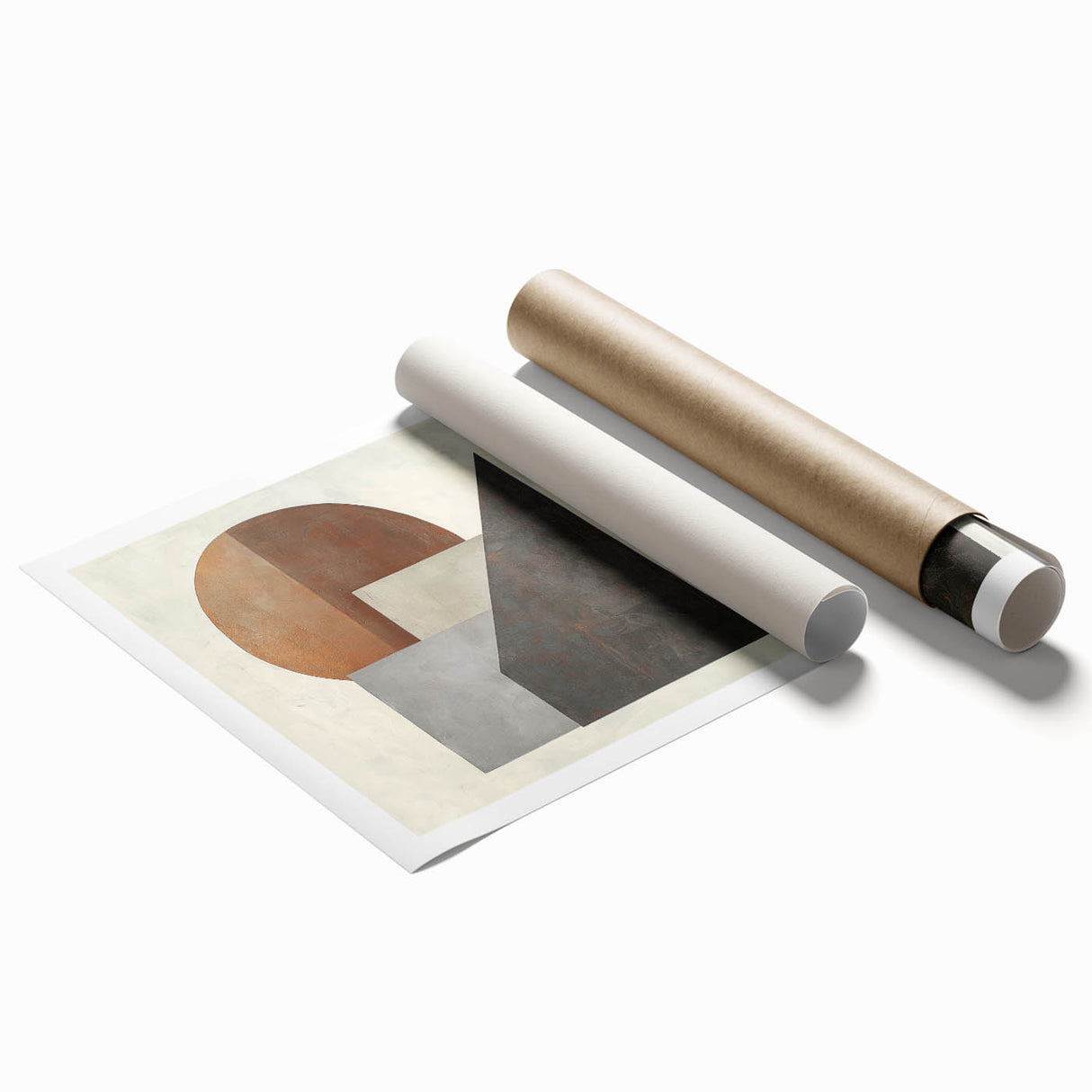 Abstract geometric rolled print showcasing vibrant colors and intricate patterns, designed to enhance modern decor. Packaged securely in a durable tube for safe delivery.