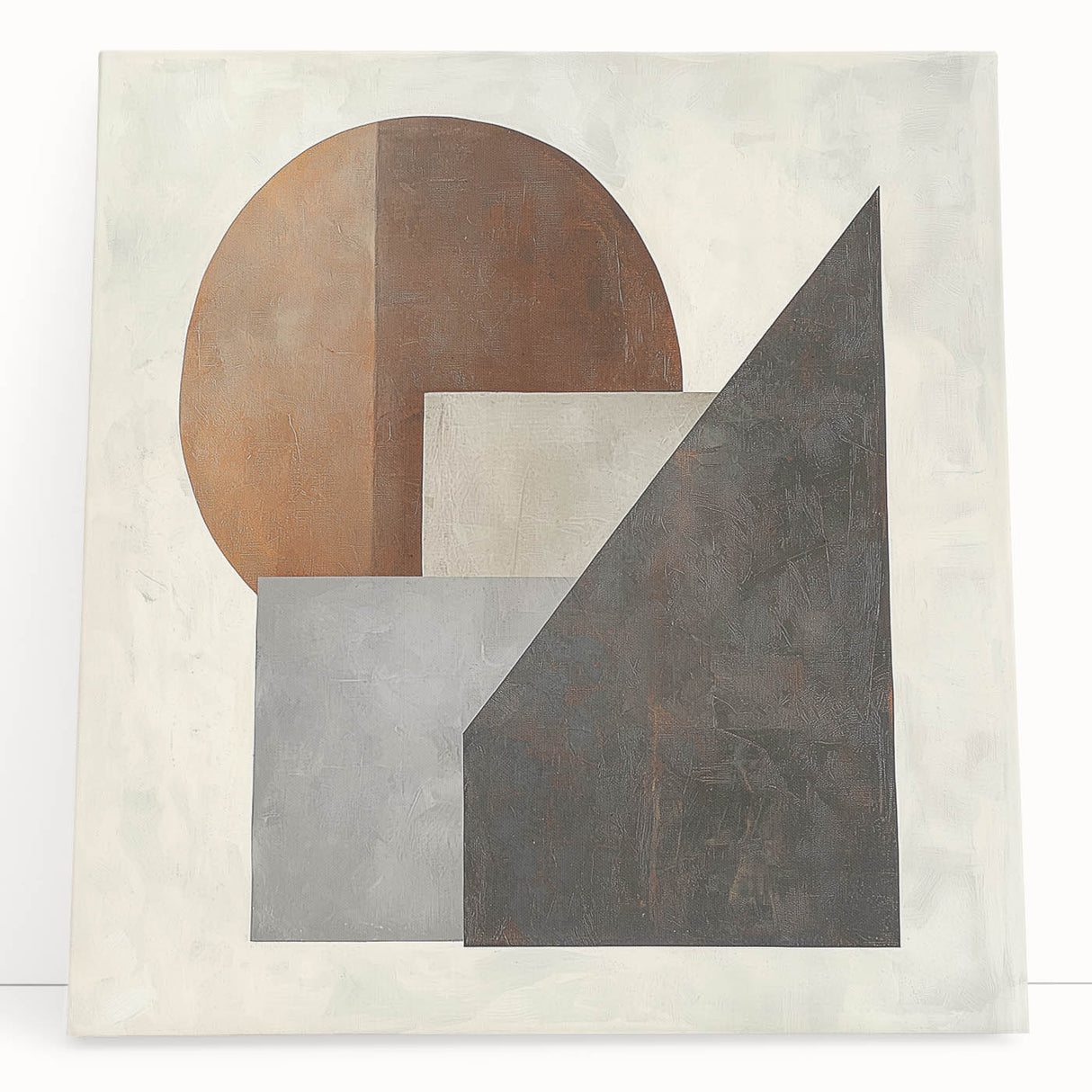 Abstract geometric wall art on a stretched canvas, featuring vibrant colors and dynamic shapes, leaning against a neutral wall, ideal for modern decor.