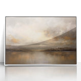 Framed abstract landscape wall art featuring soft blues and earthy tones, set in a sleek white frame, perfect for modern home decor. Ideal for adding a tranquil touch to living spaces.