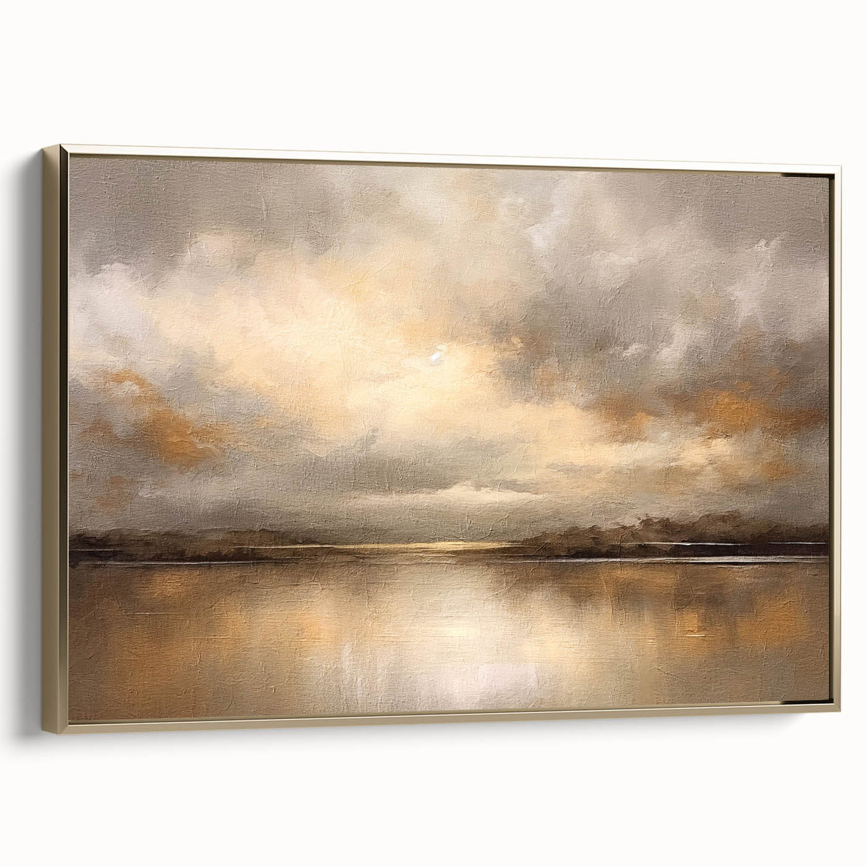 Framed abstract landscape wall art showcasing rich gold tones, elegantly displayed in a modern setting, enhancing contemporary interior decor.