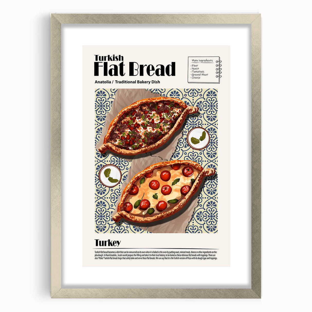 Textured art depicting abstract food dishes in muted earth tones, framed in silver, ideal for kitchen or dining room decor.