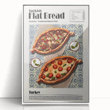 Acrylic print of assorted food dishes in art deco style, framed in white, ideal for modern kitchen decor.