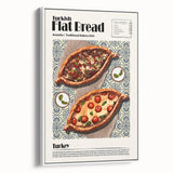 Vintage poster art of colorful food dishes on a black background, framed canvas, ideal for living room decor.