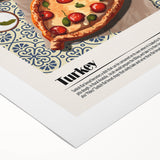 Art deco poster featuring an array of colorful food dishes on rolled canvas, suitable for dining room wall art.