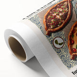 Art deco poster featuring an array of stylized food dishes in bold colors on rolled canvas, suitable for dining room decor.