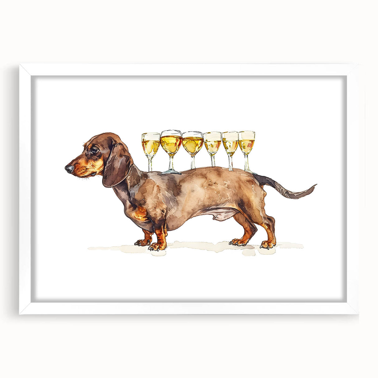 Abstract art print featuring assorted beverages in muted earth tones, framed in white, ideal for dining room decor.