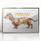 Large art print of assorted fruits and beverages in a mid-century modernist style on a silver-framed acrylic.