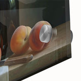 Large abstract wall art featuring assorted fruits in vibrant colors on acrylic glass, ideal for dining room decor.