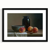 Extra large colorful abstract art print of textured fruits, in a black frame with mat, ideal for living room decor.