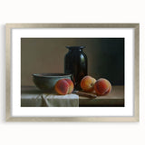 Abstract textured art print featuring assorted fruits in vibrant colors, displayed in a silver frame with mat.