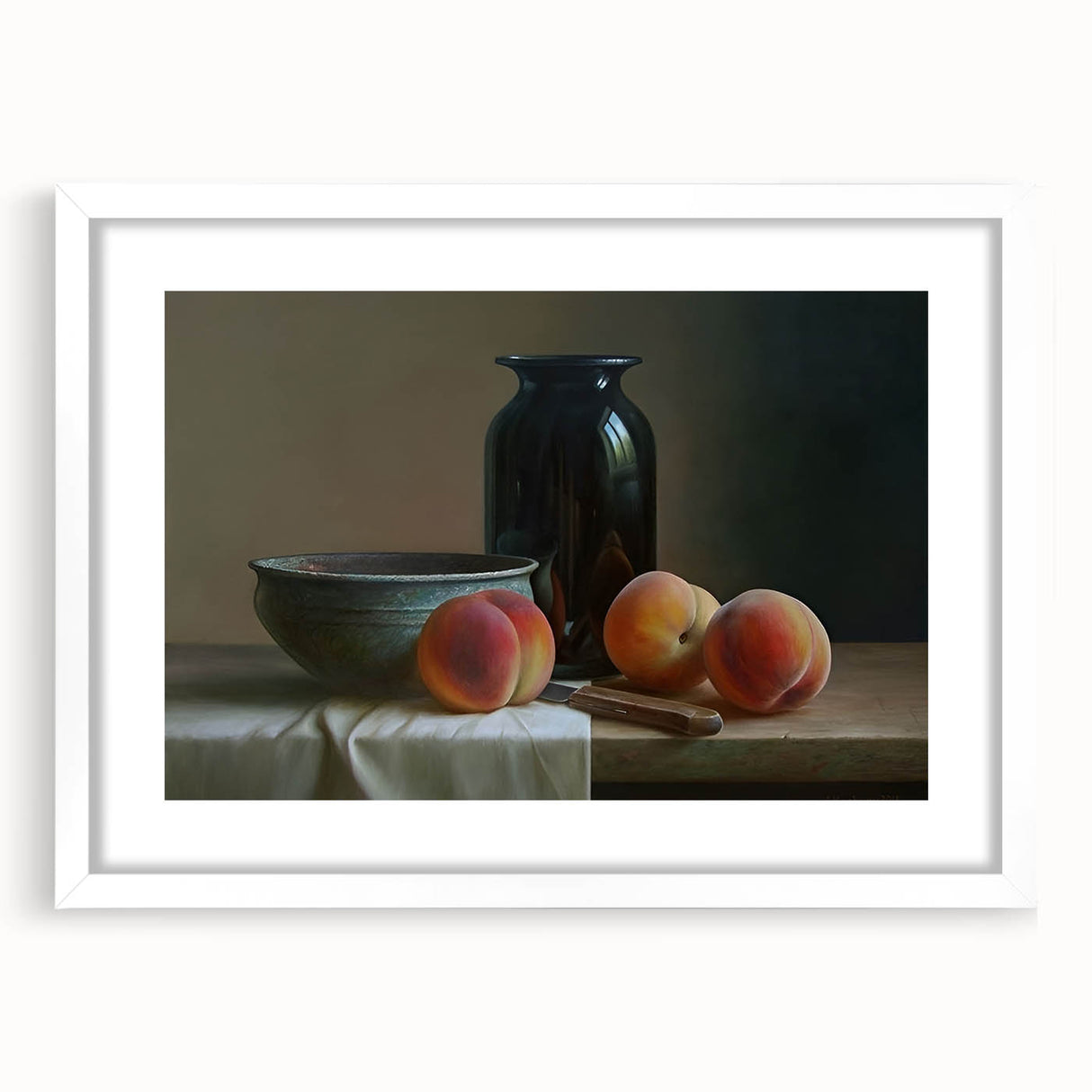 Abstract art print of vibrant fruits in bold colors, framed in white, suitable for dining room decor.