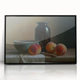 Large abstract wall art featuring assorted fruits in bold colors, framed in black acrylic, suitable for kitchen decor.