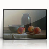 Large abstract wall art featuring assorted fruits in bold colors, framed in black acrylic, suitable for kitchen decor.