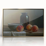 Mid-century modernist large art print of colorful fruits on acrylic, framed in gold, ideal for nursery wall decor.