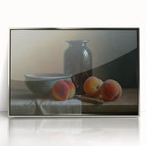 Mid-century modernist art depicting assorted fruits in vibrant colors on a silver-framed acrylic, ideal for nursery wall art.