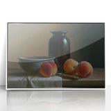 Art deco poster featuring an assortment of fruits in vibrant colors on a white acrylic framed print.