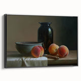 Black and white framed canvas featuring vintage poster art of assorted fruits, ideal for bedroom wall decor.