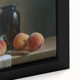 Close-up of black wall art featuring colorful, textured fruits on extra large framed canvas, ideal for living room decor.