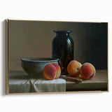 Framed canvas featuring a vintage poster art of assorted fruits in muted colors, ideal for bedroom wall decor.