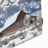 Close-up view of a vibrant acrylic landscape artwork depicting a serene barn scene, showcasing rich colors and intricate details, ideal for home decor.