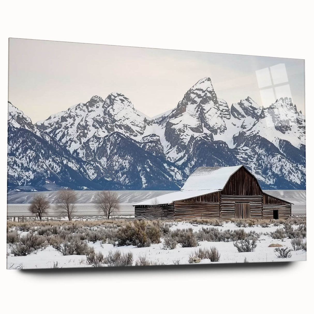 Side view of a landscape barn design printed on acrylic glass, showcasing vibrant colors and a polished finish, ideal for rustic home decor.
