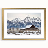 Barn frame landscape artwork in gold matting, showcasing a picturesque rural scene with vibrant colors, ideal for home decor or art enthusiasts.
