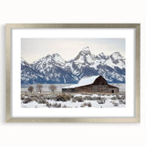 Elegant landscape barn frame in silver with a white mat, showcasing a beautiful artwork. Perfect for home decor, enhancing any room with a modern touch.