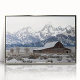 Framed acrylic print showcasing a serene landscape with a rustic barn, highlighted by silver accents. Ideal for home decor, adding a touch of countryside charm.