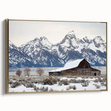 Framed landscape canvas featuring a barn design with a gold frame, showcasing rustic charm and vibrant colors, ideal for home decor and country-themed interiors.