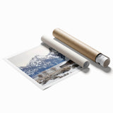 Rolled landscape barn canvas print showcasing vibrant rural scenery with lush green fields and a bright blue sky, securely packaged in a protective cardboard tube for safe shipping.