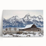 Stretched canvas artwork depicting a serene landscape with a rustic barn surrounded by lush greenery and a vibrant sky, perfect for home decor and enhancing ambiance.