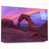 Acrylic wall art display showcasing a stunning landscape of canyons, featuring vibrant colors and intricate details, viewed from the side without mounting pins. This piece adds a striking focal point to any modern decor.