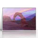 Framed acrylic artwork depicting a stunning canyon landscape with vibrant colors, set in a sleek white frame, ideal for modern home decor and nature enthusiasts.