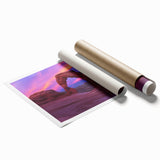Stunning landscape print depicting vibrant canyons at sunset, showcasing rich reds and oranges, rolled for easy shipping in a protective tube. Ideal for home decor.