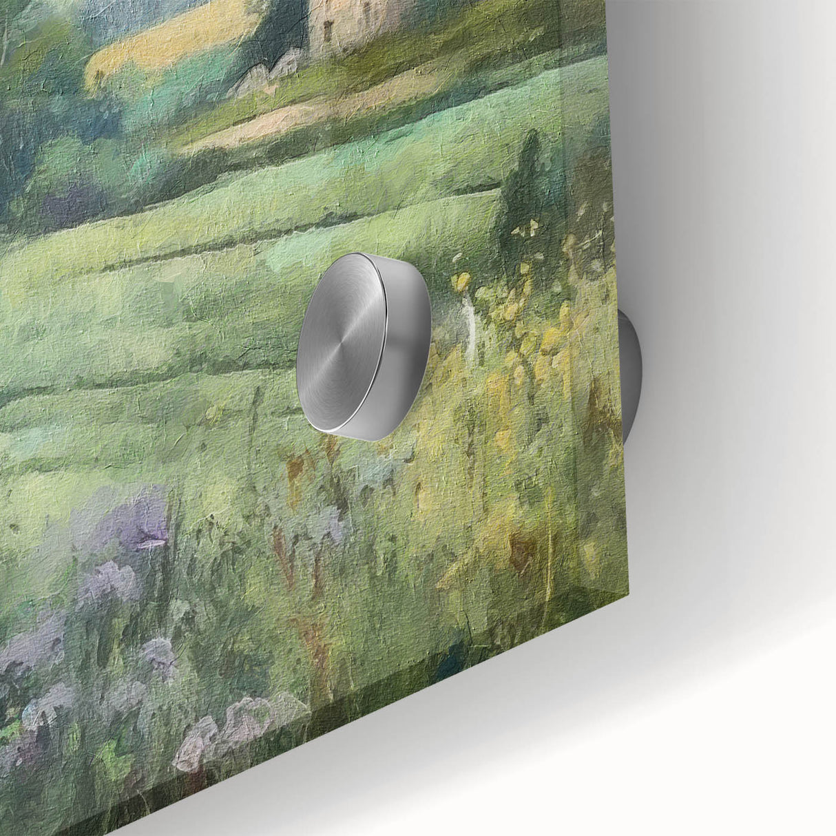 Vibrant close-up of landscape wall art depicting a serene countryside scene, printed on acrylic glass with vivid colors and fine details, perfect for home decor.