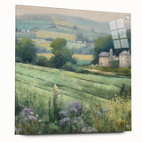 Acrylic landscape wall art depicting a serene countryside scene, displayed with pins against a light background, showcasing vibrant colors and fine details.